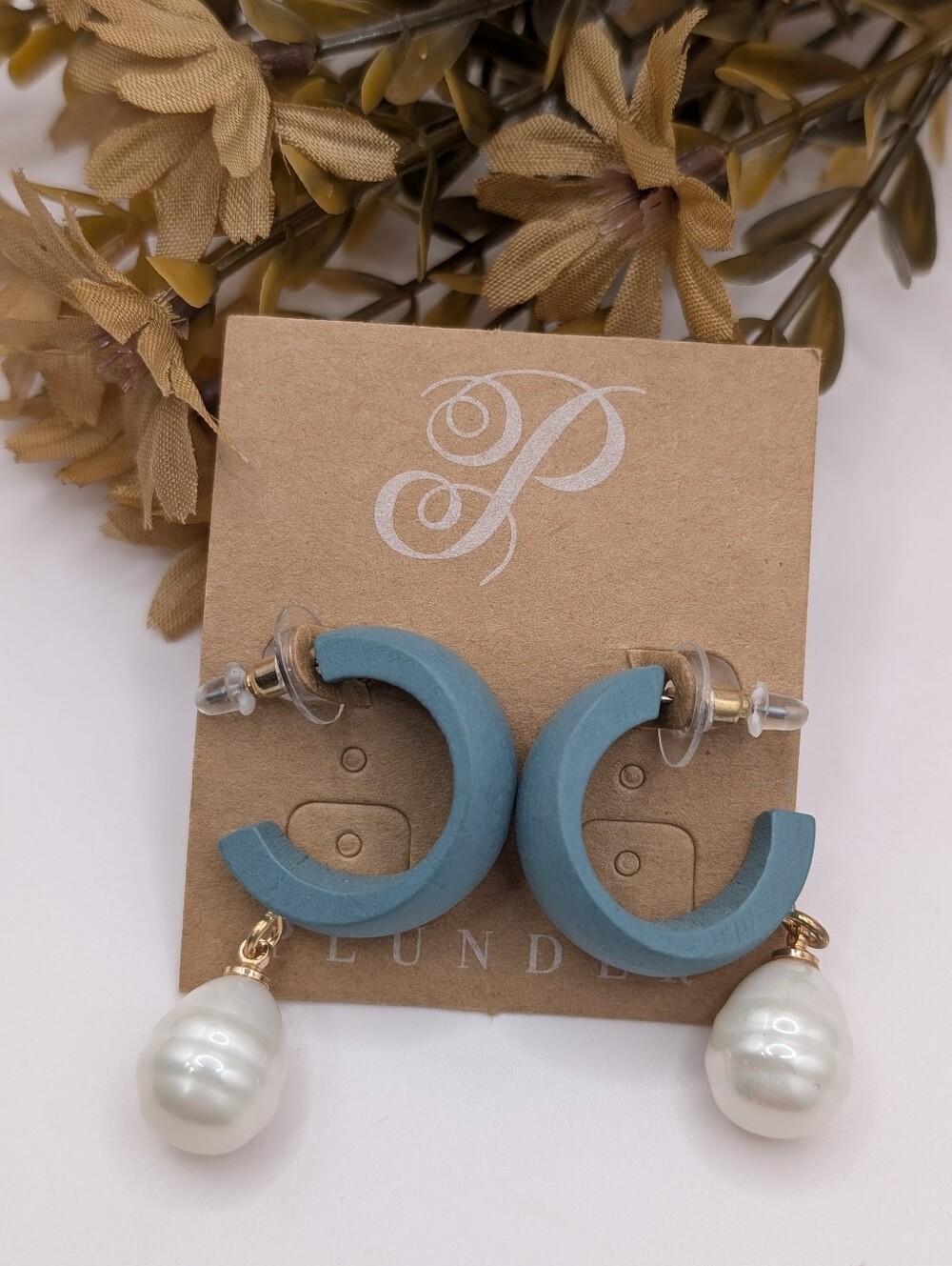Plunder Design Althea Teal Wood Dangling Faux Pearl Drop Hoop Earrings NEW!